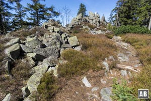 Wanderung Zwercheck Osser: Unsere Höhenwanderung führt vorbei an Blockhalden und hohen Felswänden.